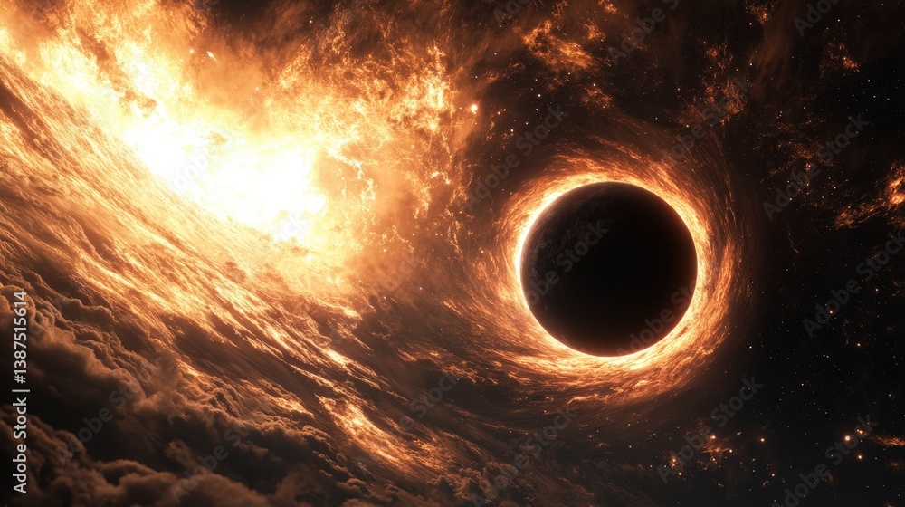 Poster a highly realistic 3d rendering of a black hole near the solar system, distorting space and time.