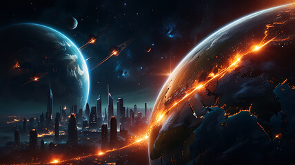 A vibrant sci-fi scene depicts two planets with fiery cracks
