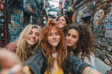 Fototapeta premium A happy group of stylish young women taking a selfie in an alleyway