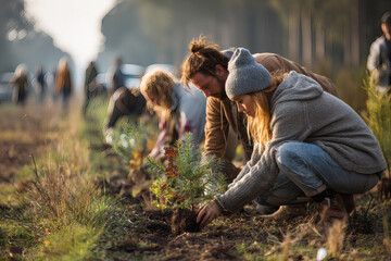 A group of friends planting trees during a green community project