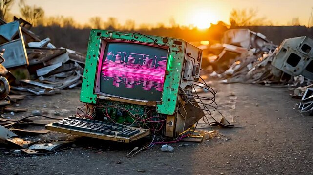 Broken computer with glitchy screen resting in scrapyard at sunset among debris