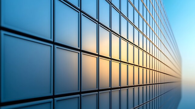 Abstract view of a modern glass building reflecting sunset hues, showcasing architectural design