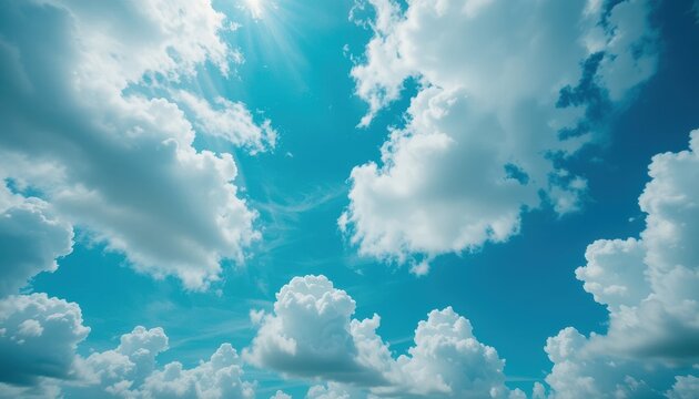 Vibrant Turquoise Summer Sky A Stunning View of Fluffy White Clouds