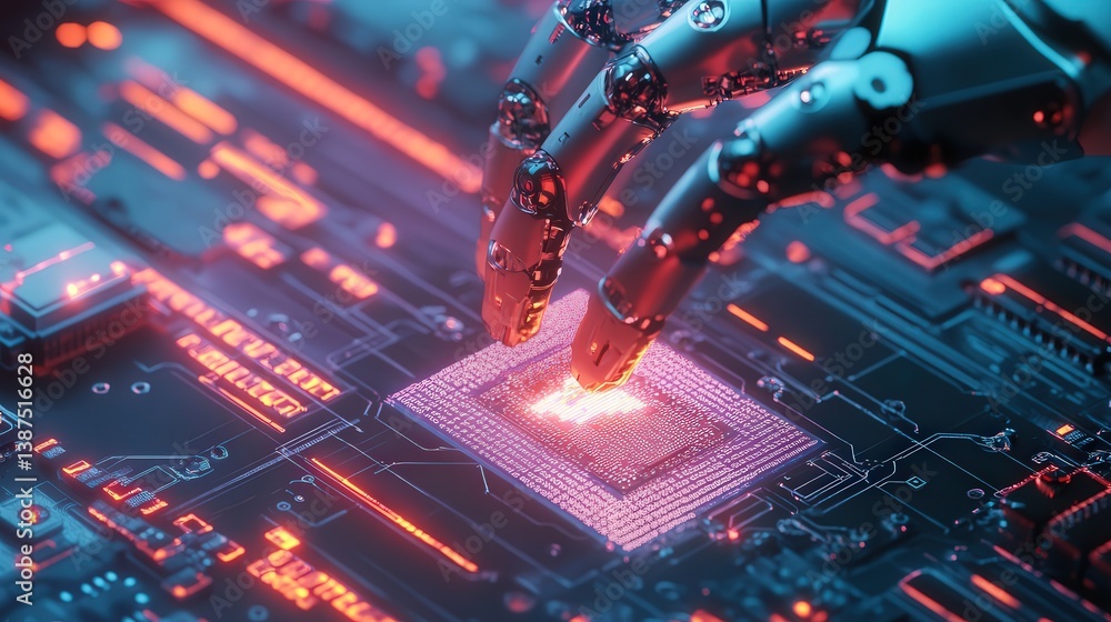 Aufkleber a futuristic animation concept features a high-tech robotic arm delicately focused on a microchip