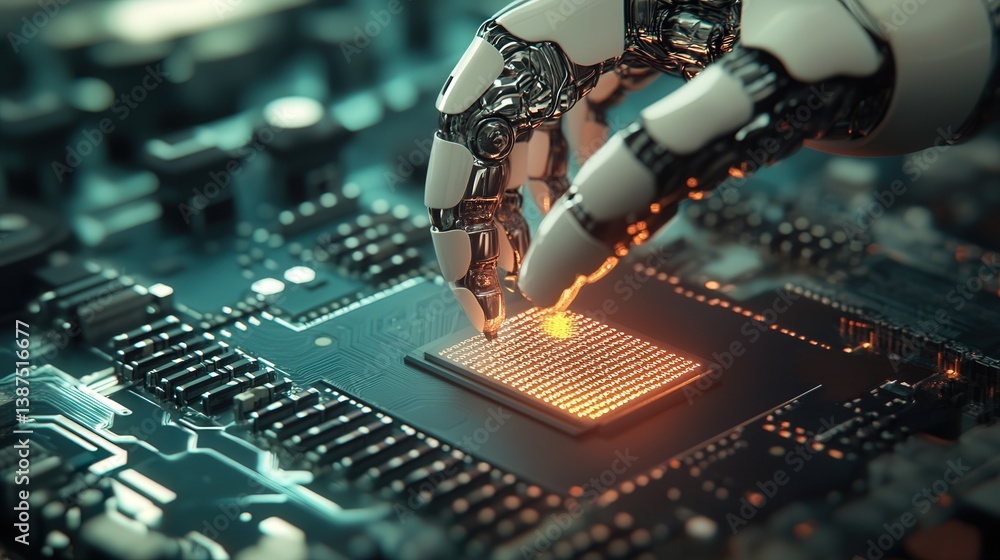 Aufkleber a futuristic animation concept features a high-tech robotic arm delicately focused on a microchip
