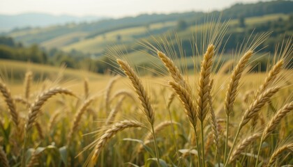 Naklejka premium Golden Barley Spikes in a Rolling Hills Landscape A Stunning Rural Scene