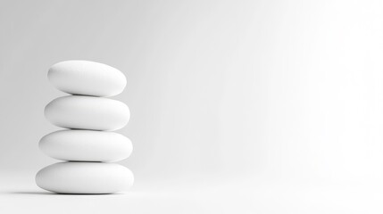 Four smooth, white stones are stacked vertically. The image features a simple composition against a white background. The lighting is even, creating a clean, minimalist aesthetic. The monochromatic