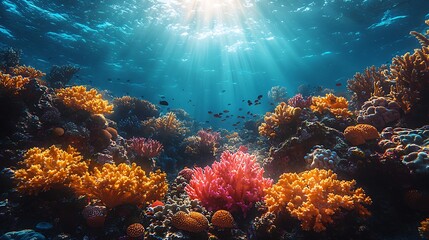 Fototapeta premium Underwater Oasis: A vibrant coral reef thrives beneath the sun's embrace, a world of radiant life teeming with exotic creatures and plants