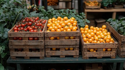 Three wooden crates filled with red and yellow cherry tomatoes displayed at a farmer's market.