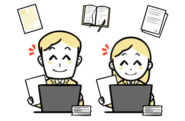 パソコンで仕事をする、スーツを着た若い男女