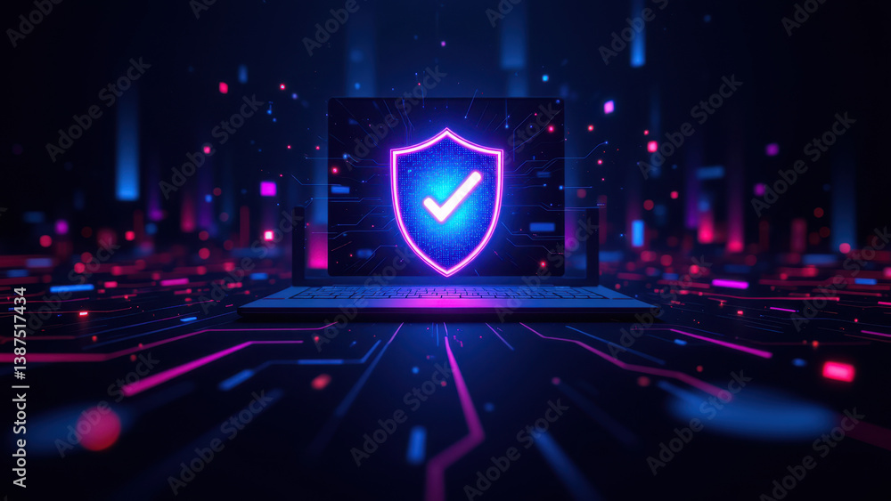 Poster cybersecurity icon with a shield checkmark on a digital circuit board background.