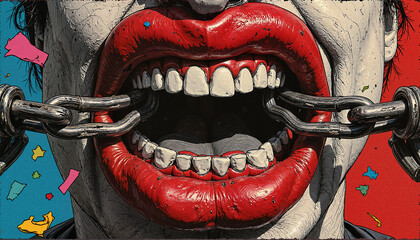 Chained mouth expressing inner rage in surreal protest collage, artistic unrest