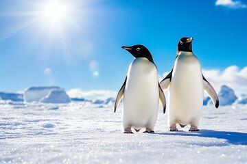 Fototapeta premium Two penguins standing in the snow, one of them looking at the camera. Scene is playful and lighthearted, as the penguins seem to be enjoying their time in the snow