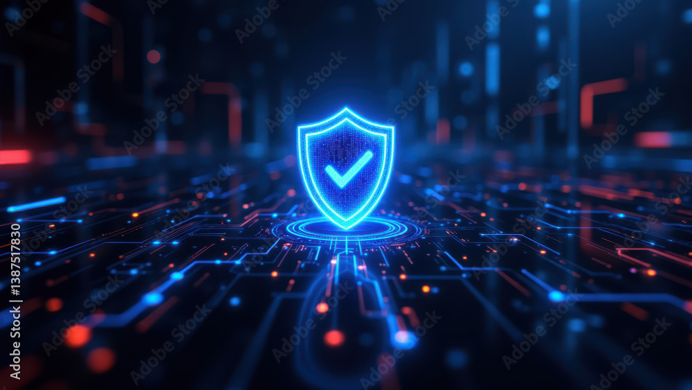 Poster a digital cybersecurity shield with a blue checkmark icon on a high-tech background of circuitry and