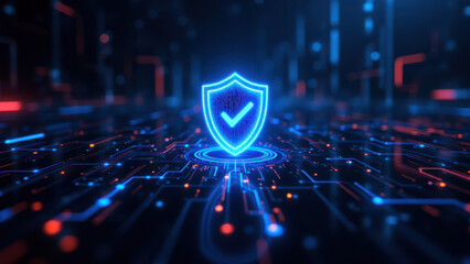 A digital cybersecurity shield with a blue checkmark icon on a high-tech background of circuitry and glowing lines.