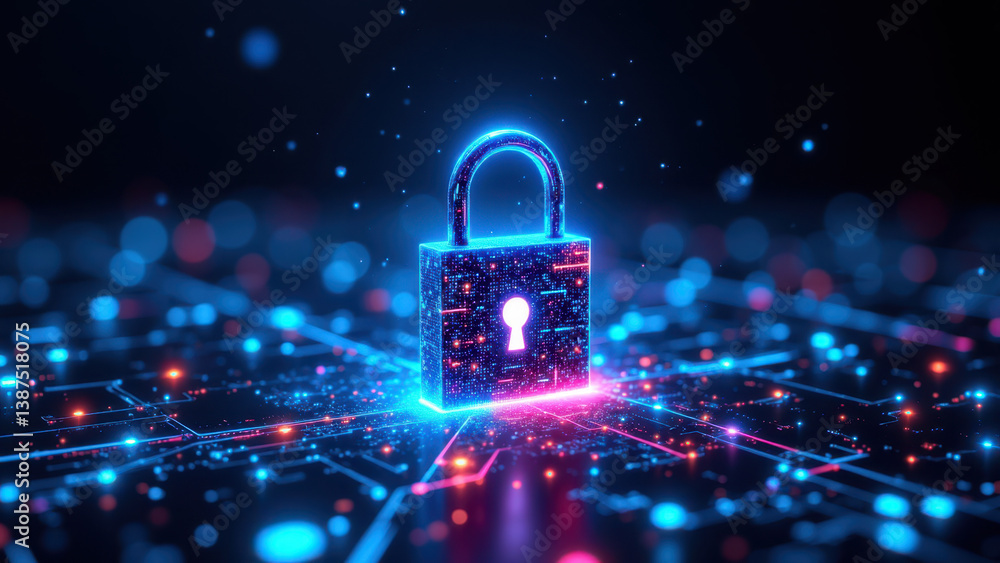 Poster computer network cyber lock icon with keyhole on dark background.