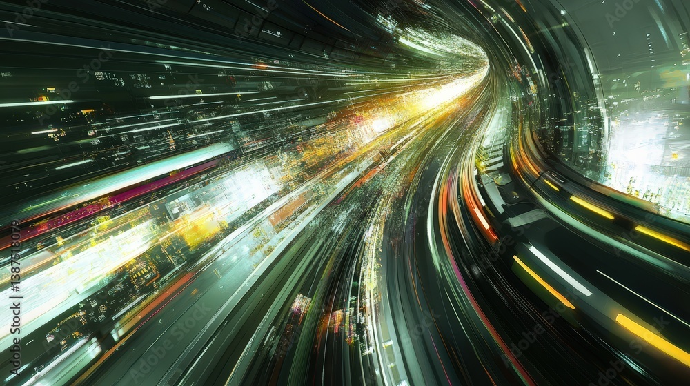Poster a high-speed data transfer concept with electric light trails forming an intricate and futuristic ne