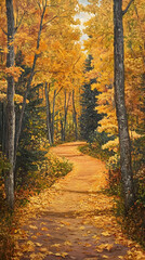 Forest Pathway Illuminated by Warm Autumn Sunlight Amidst Golden Leaves of a Tranquil Woodland Setting