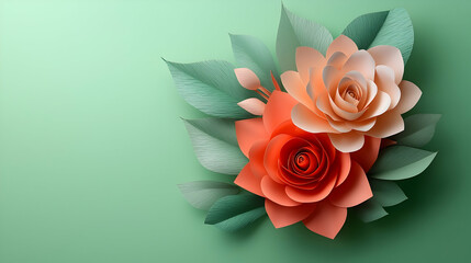 Elegant Peach and Coral Paper Flower Arrangement on Textured Green Background