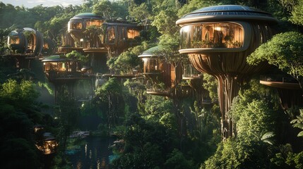 A futuristic jungle kingdom where smart homes are built into the trees, powered by solar energy