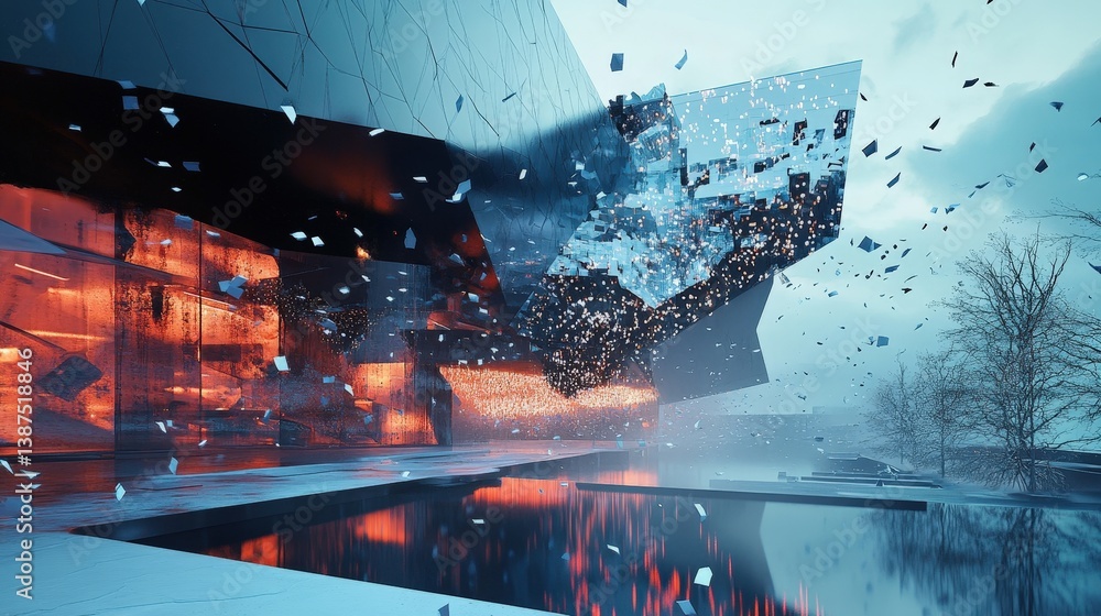 Poster a high-tech abstract building with dynamic led-lit surfaces forming an ever-changing facade