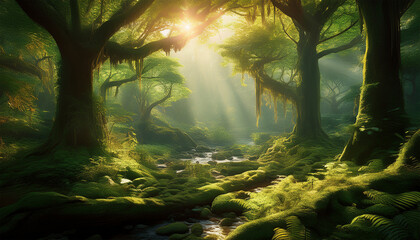 Obraz premium serene green forest with sunlight filtering through leaves creating a peaceful atmosphere in natures embrace generative ai