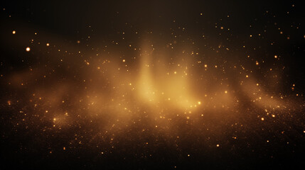 Particules scintillantes et brillantes volant sur fond sombre, noir. Lumi&egrave;re orang&eacute;e, paillettes dor&eacute;es et flou. Fond pour banni&egrave;re, conception et cr&eacute;ation graphique.