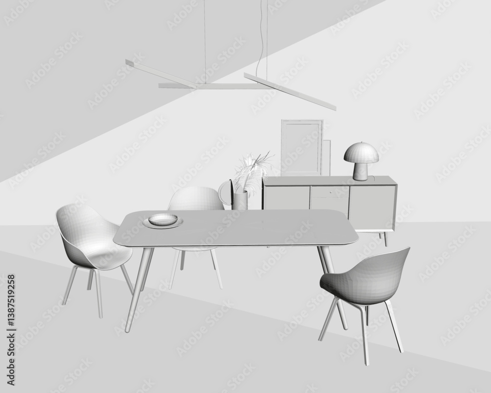 Poster a white room with a table and chairs. the table is in the middle of the room and has a vase on it. t