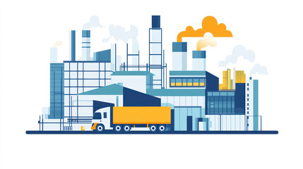 Industrial complex with truck, factory buildings, and smoke stacks.  Possible use Stock photo