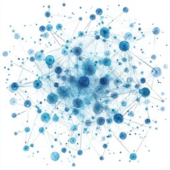Abstract network of blue spheres connected by lines on a white background.