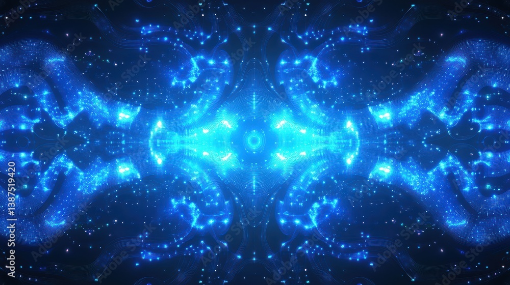 Poster a high-tech blue background with interconnected glowing dots and digital wave patterns.
