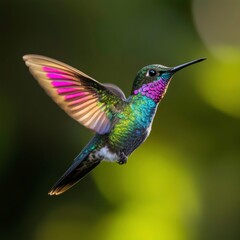 Fototapeta premium Colorful hummingbird hovering in a natural garden setting during daylight hours