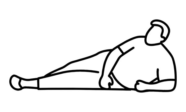 recommend clip art: だらしないポーズで寝そべっている太った男性のシンプルな黒い手描き線画イラスト　透過背景の切り抜き