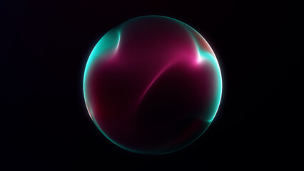 Multicolored gradient energy sphere from glowing waveform plasma particles on dark futuristic background. Red green magic orb flowing abstract screensaver for business.