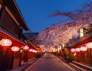 cherry blossoms and lanterns illuminate a spring festival in a historic japanese street