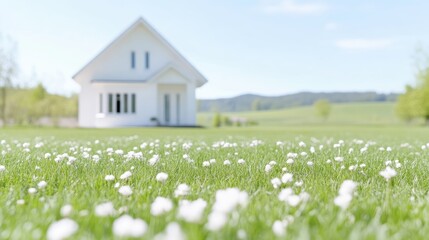 A small, white house sits in the distance. The foreground is a field of blooming white flowers in vibrant green grass. The image is high quality, with soft natural lighting. Its a serene, peaceful s