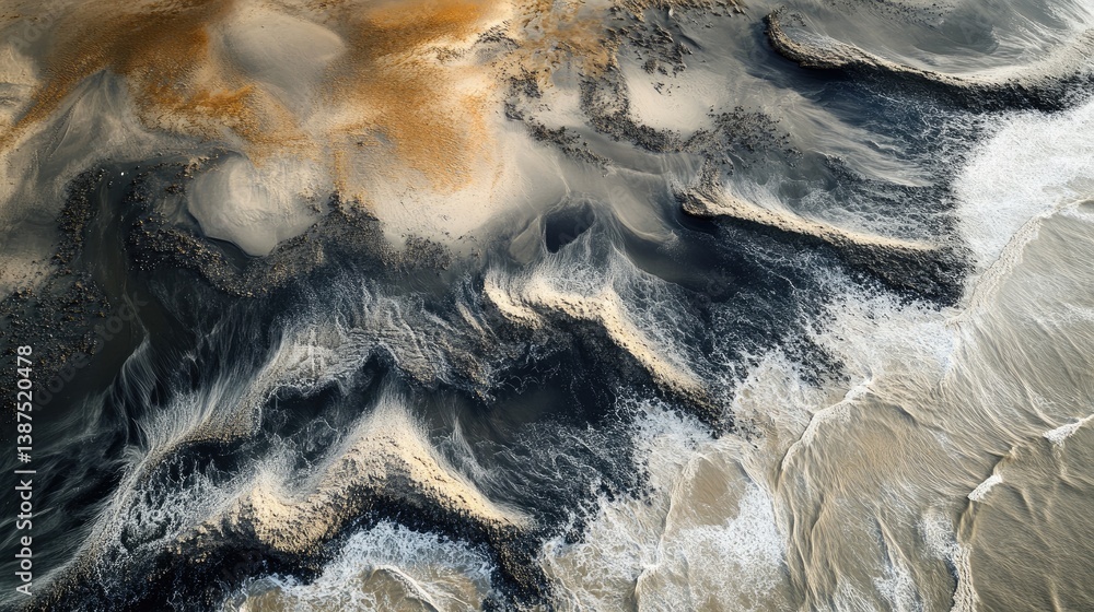Aufkleber Abstract aerial view of ocean waves and sandy beach patterns formed by natural elements in contrasting colors and textures