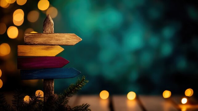 A wooden signpost with vibrant arrows points in various directions, surrounded by soft glowing lights during evening ambiance