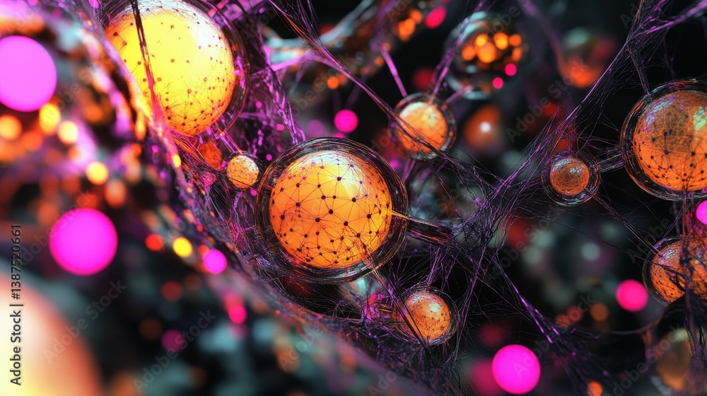 Poster a high-tech neural network concept with deep-learning structures and vibrant energy nodes.