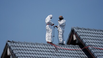 Professional painter on roof   Working at heights is dangerous.