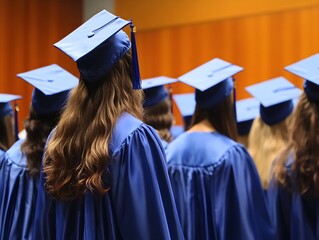 A group of female graduates in royal blue gowns and caps stand together at an academic ceremony celebrating their achievement.