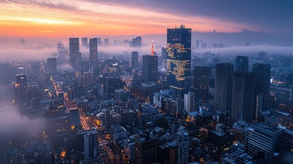 Tokyo Skyline at Sunrise, Foggy Cityscape
