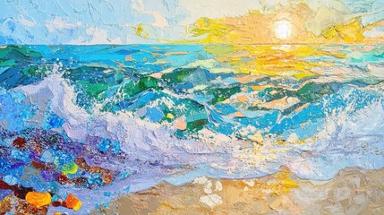 Vibrant Ocean Waves at Sunrise with Textured Palette and Reflections on Water Surface