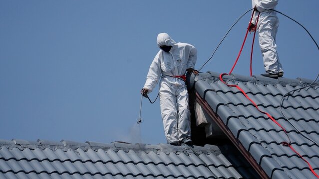 House painter standing on roof spray painting