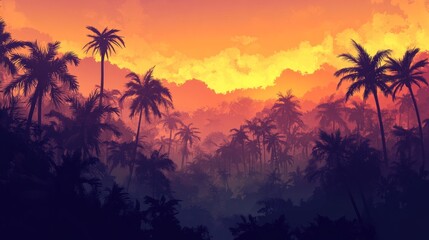 Tranquil Sunset in a Tropical Jungle with Layers of Silhouetted Palms