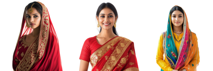 A set of vibrant traditional Indian female portraits – A collection of Punjabi women in Phulkari suits. Isolated on transparent Background