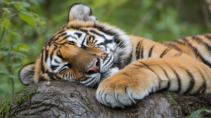 Obraz premium Peaceful Slumber: A Tiger's Rest in the Wild