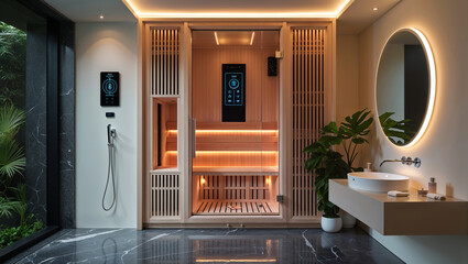 Modern Luxury Bathroom With Wooden Sauna Interior And Marble Flooring Design