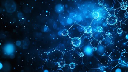 Molecule structure on blue background with copy space. 3d rendering science and medical background.