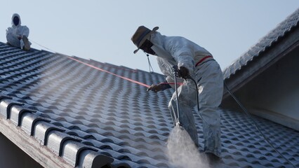 Professional painter on roof   Working at heights is dangerous.